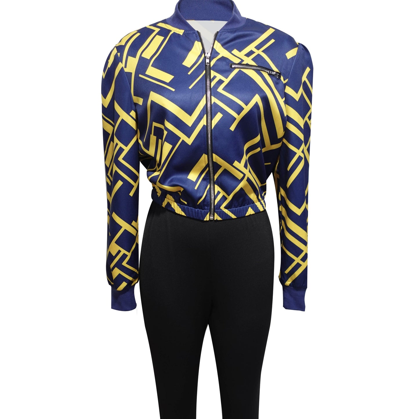 Women's V-neck Zipper Trendy Digital Print Long Sleeved Sweatshirt Jacket Long Pants Set