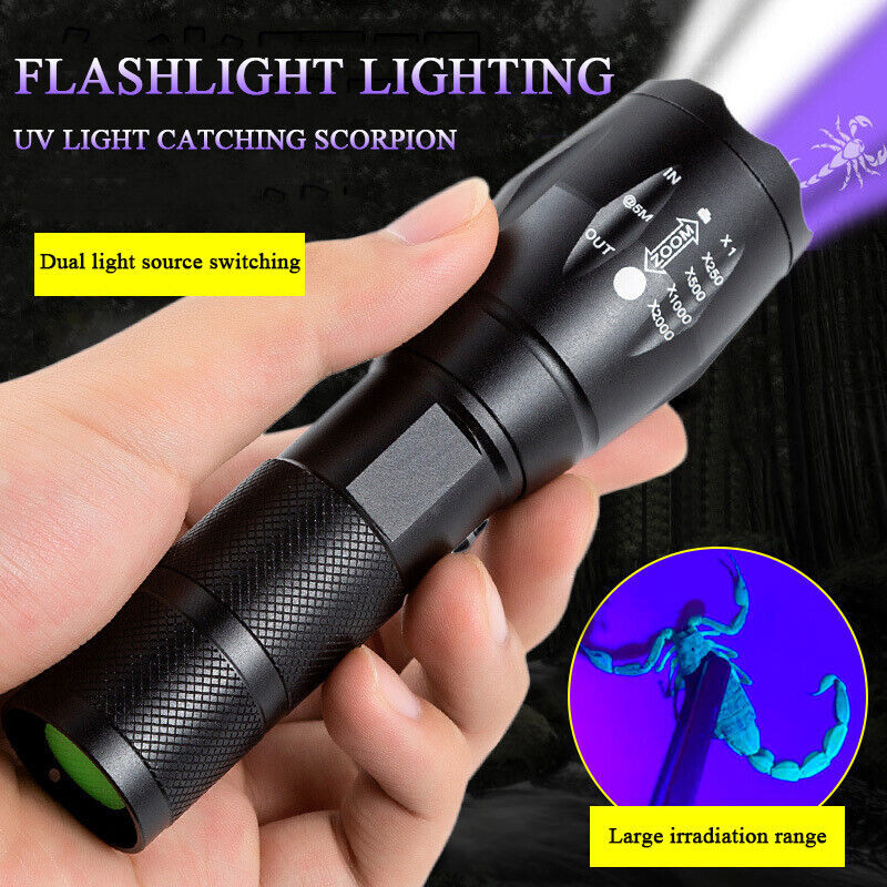 2Mode UV Ultra Violet Light & Flashlight Blacklight 395nm Inspection Torch Zoom