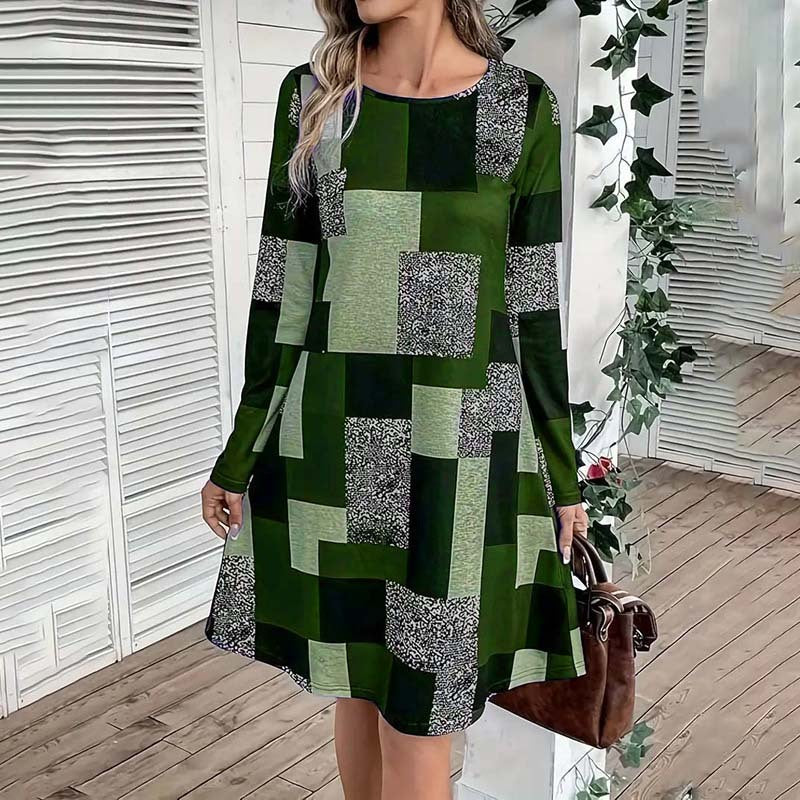 Women's Round Neck Long Sleeve Dress - Digital Print Casual Elegant Spring & Fall Dress