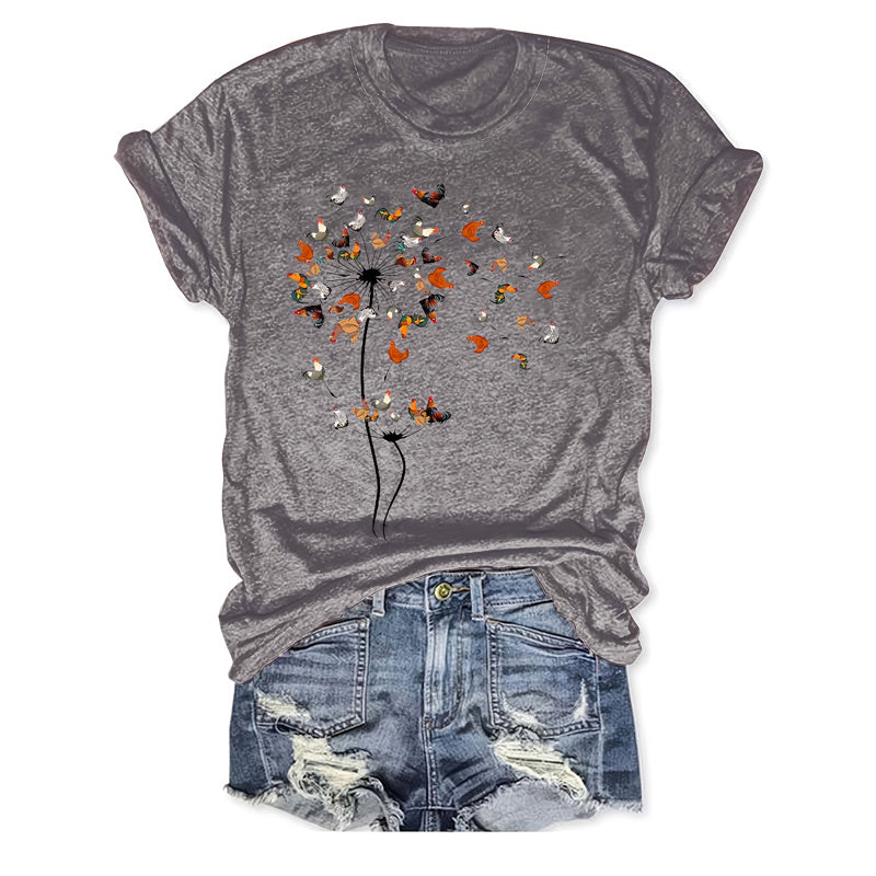 Women's Crew Neck Short Sleeve Rooster Dandelion Art Print Tee - Casual Summer Top