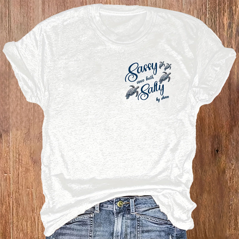 Women's Round Neck Turtle & Slogan Graphic Tee - Playful Summer Essential
