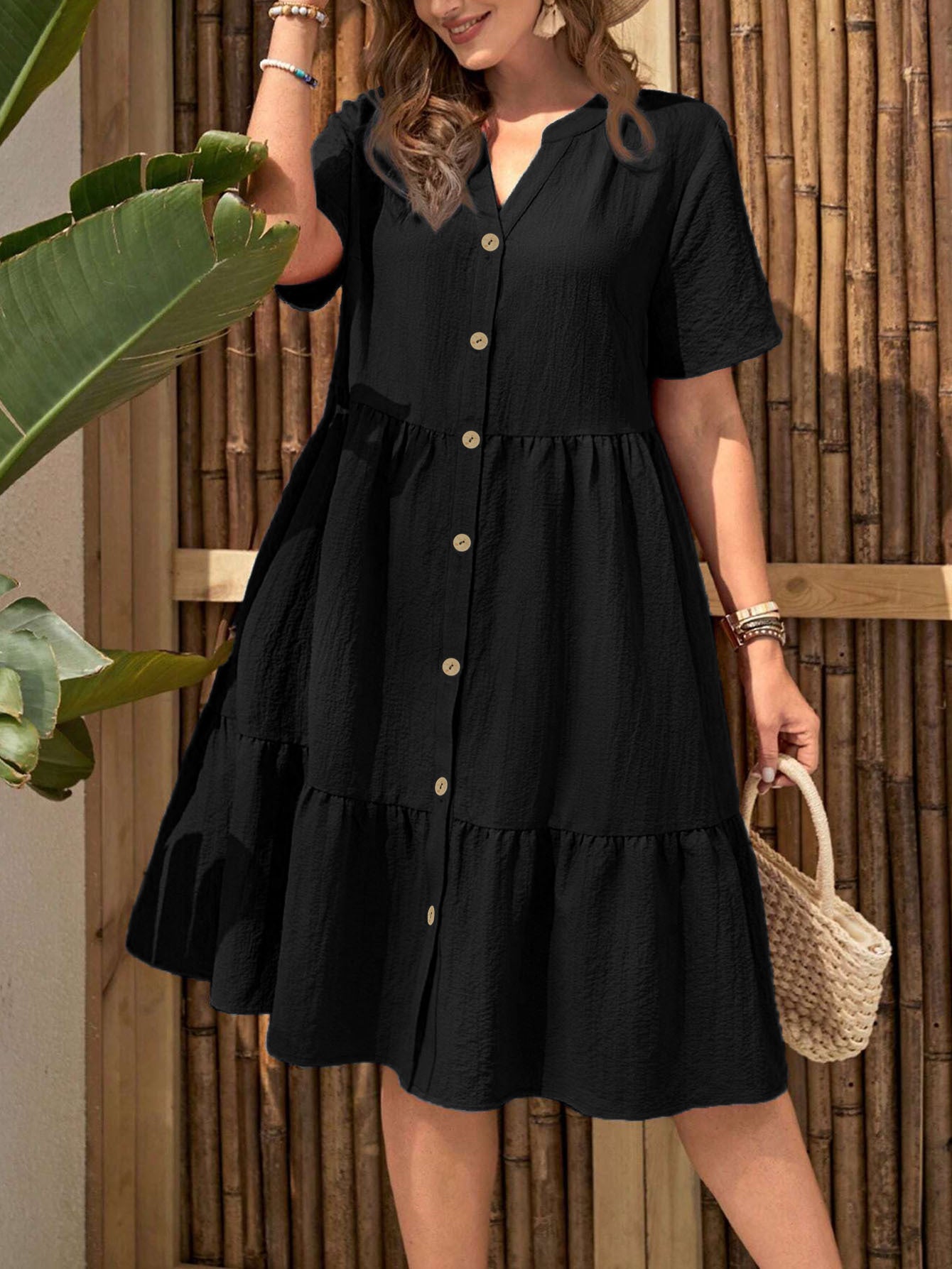 Women's Plus Size Buttoned Dress - Summer Casual V-Neck Short Sleeve Midi Dress