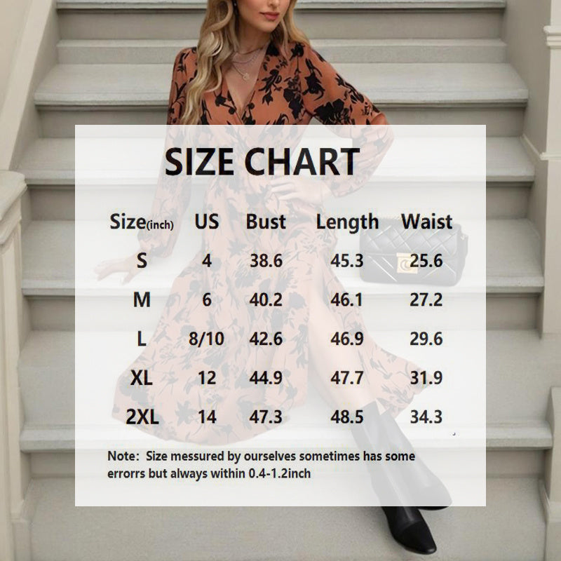 Women's V-Neck Long Sleeve Boho Maxi Dress Floral Print Cuffed Sleeves With Hem Side Slit & Waist A-Line Beach Vacation Dress