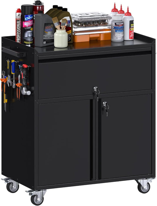 Metal Storage Cabinet On Wheels, Black Rolling Tool Cabinet With Drawer&Pegboard&a Handle&Hooks&Adjustable Shelves For Home Office Garage Warehouse Utility Room, Assembly Required