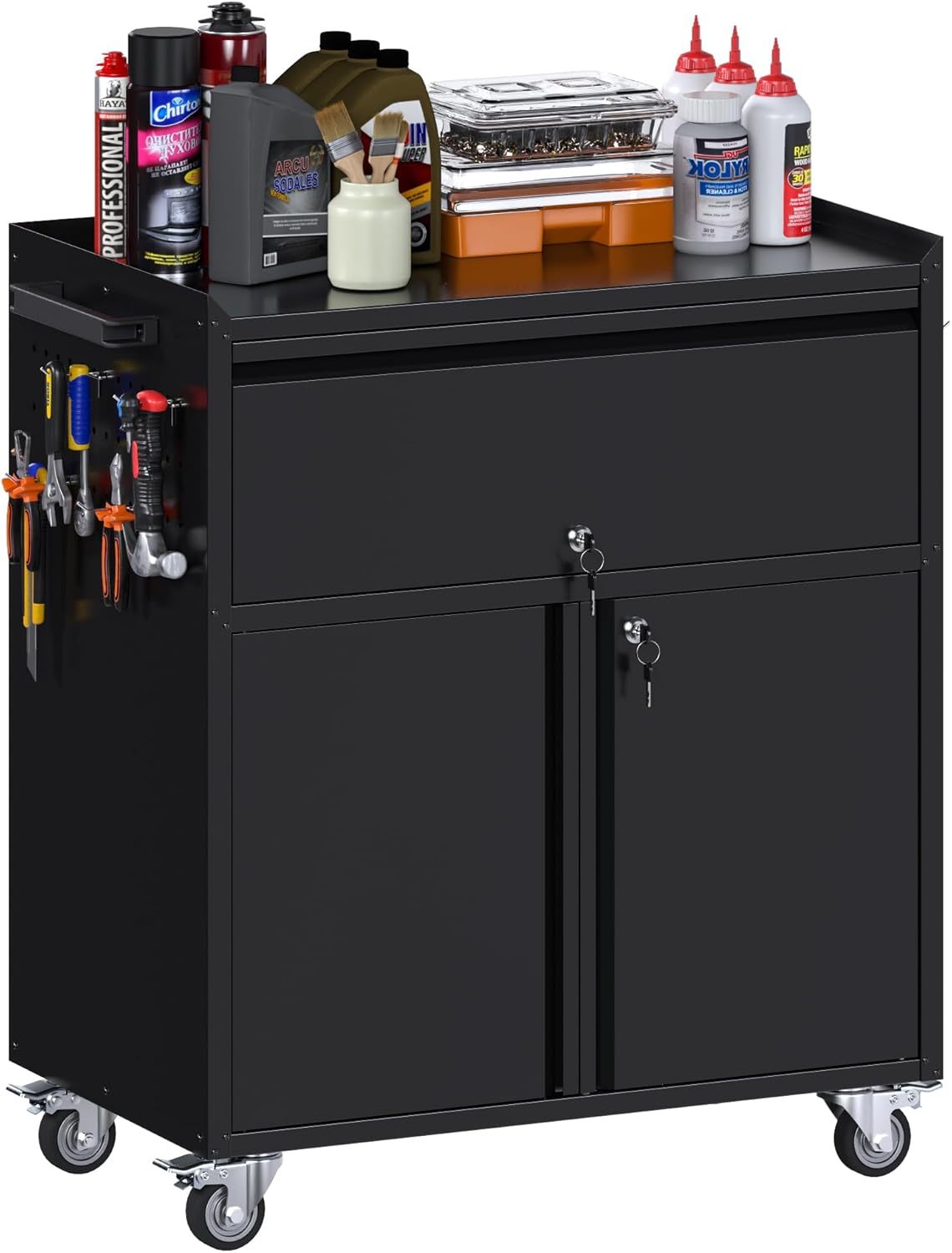 Metal Storage Cabinet On Wheels, Black Rolling Tool Cabinet With Drawer&Pegboard&a Handle&Hooks&Adjustable Shelves For Home Office Garage Warehouse Utility Room, Assembly Required