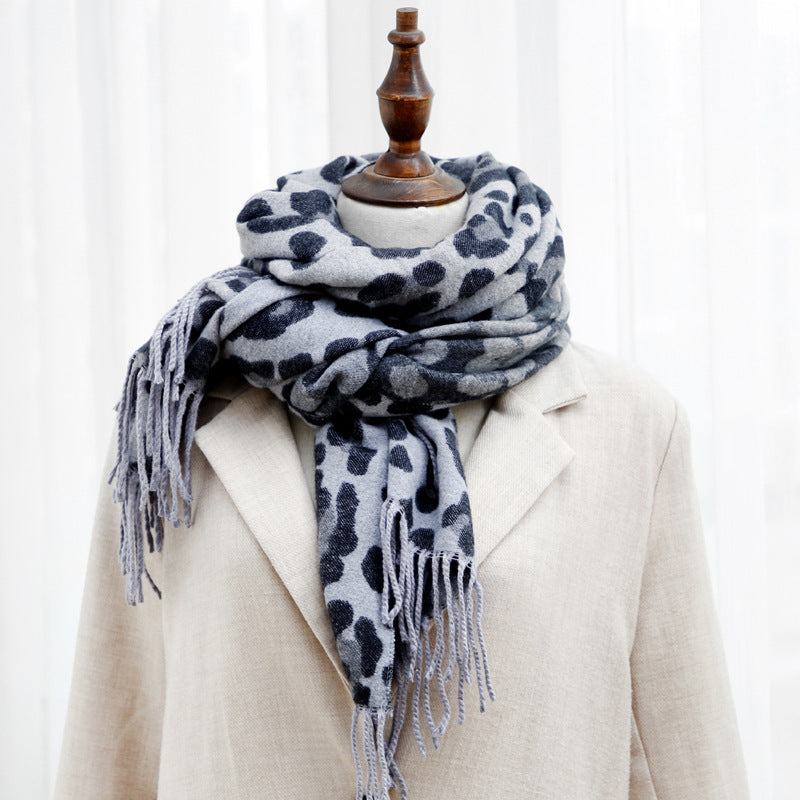 Double-sided Leopard Print Scarf With Thick Tassels  Cashmere To Keep Warm