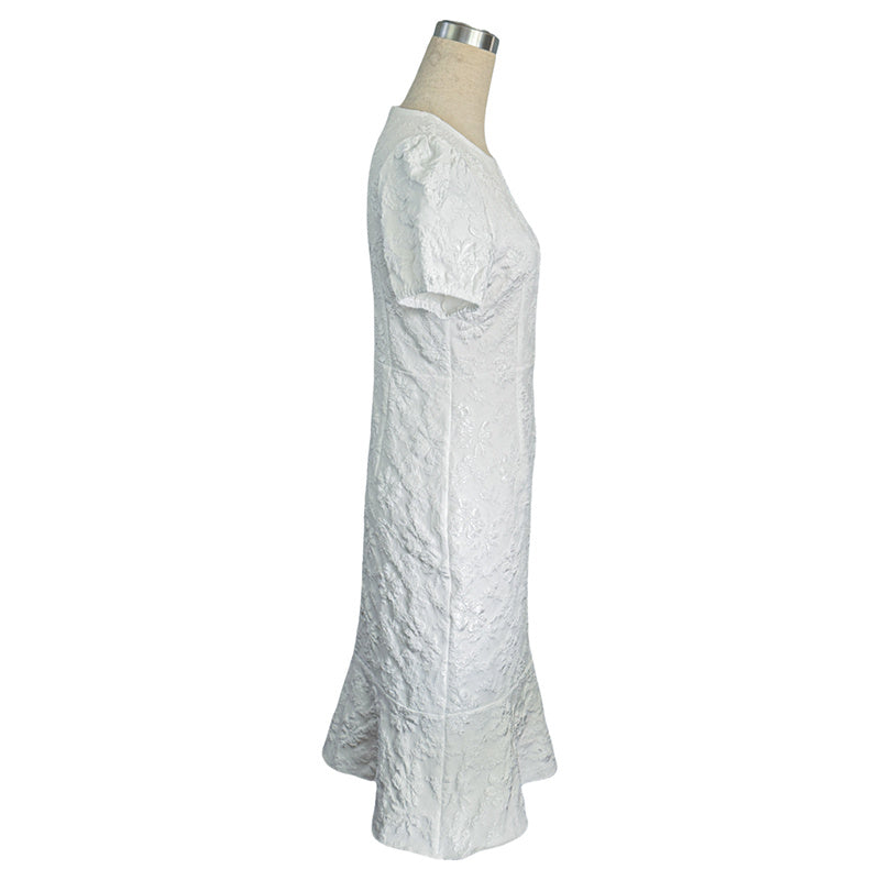 Women's Floral Jacquard Dress Women's Short Puff Sleeve Crew Neck Ruffle Hem Bodycon Dresses