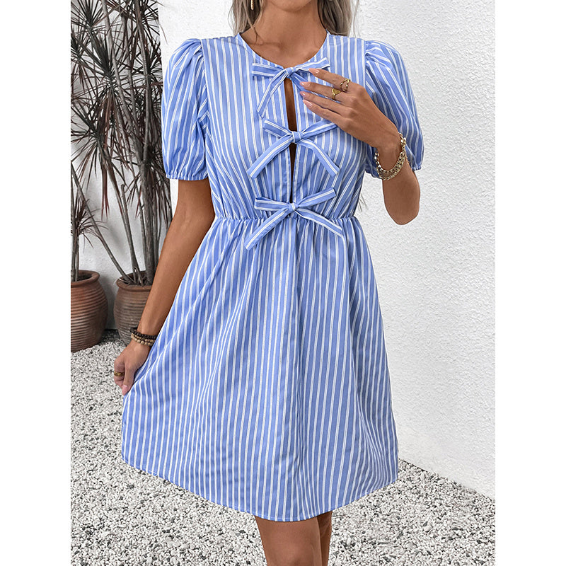 Women's Striped Tie Front Puff Sleeve Summer Casual Mini Dresses Loose Flowy Sundress