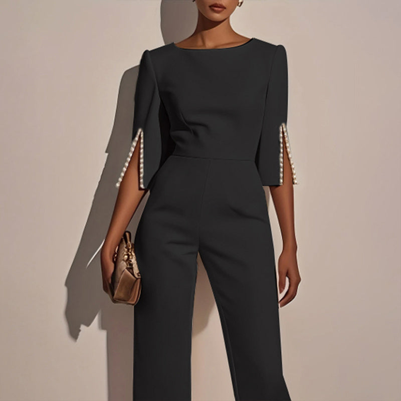 Women's Elegant Round Neck Jumpsuit - Mid-Sleeve With Side Slit Cuffs & Pearl Accents, Back Zipper Design For Casual To Formal Events