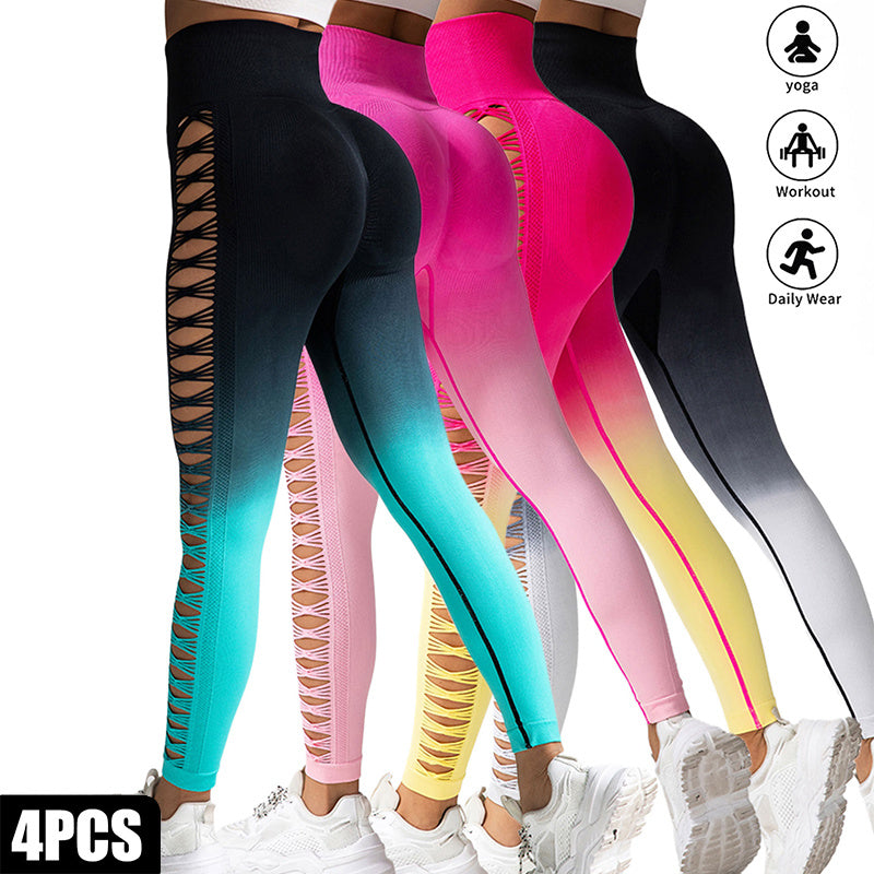 4 Pack Cut Out Ombre Gradient Color Hollow High-waist Butt-lifting Fitness Women's Yoga Pants, Women's High Waist Yoga Pants Cutout Ripped Super Soft And Comfortable Skinny Leggings
