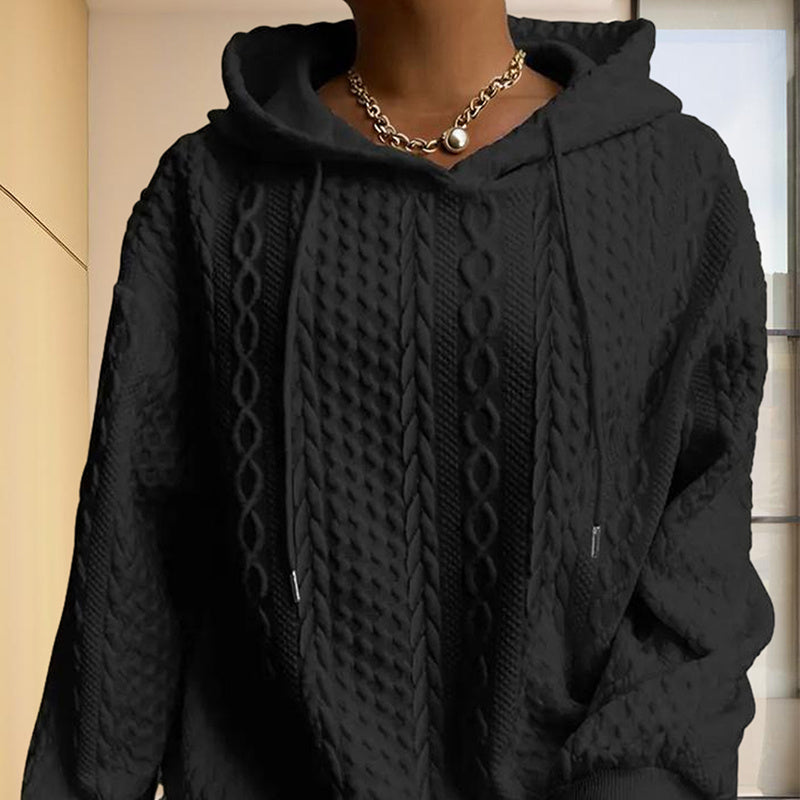 Women's Solid Color Ribbed Design Long Sleeve Hoodie - Loose Fit Drawstring Pullover For Fall & Winter Casual Wear