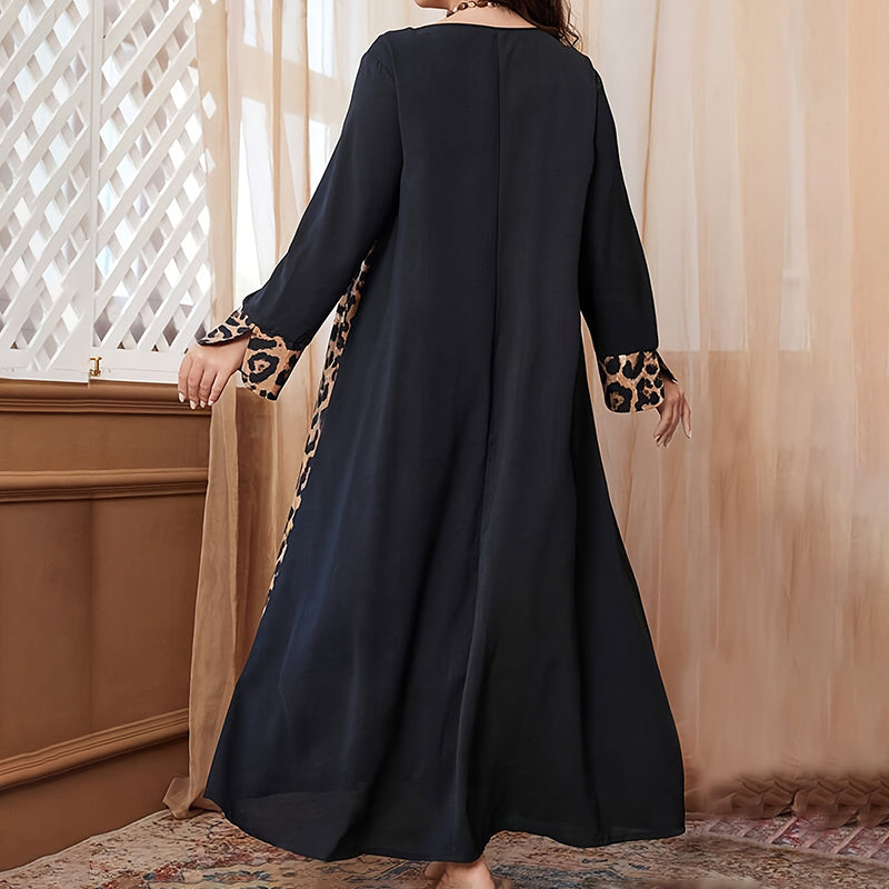 Womens Leopard Print Maxi Dresses Color Block Long Sleeve Dress Casual Summer Dresses