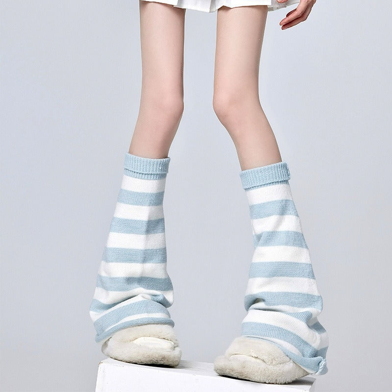 Hot Girl Horn Pile Style White And Blue Striped Leg Warmer Socks