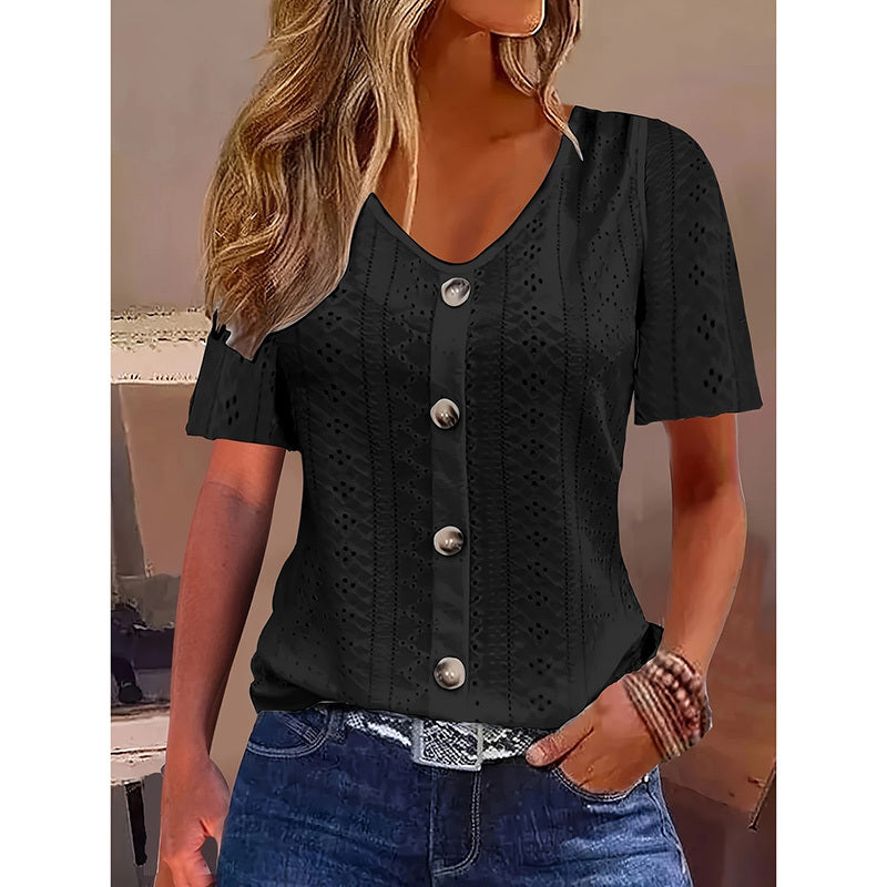 Women's V Neck Short Sleeve Eyelet Tops Summer Casual Loose Fit Button T Shirts