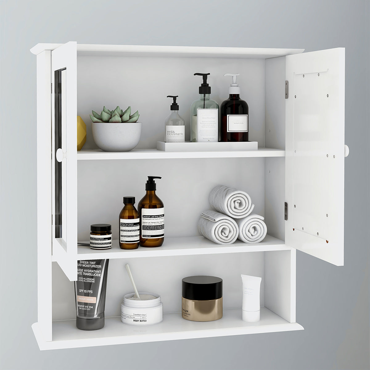 Bathroom Wall Cabinet With Double Mirror Doors And Shelves