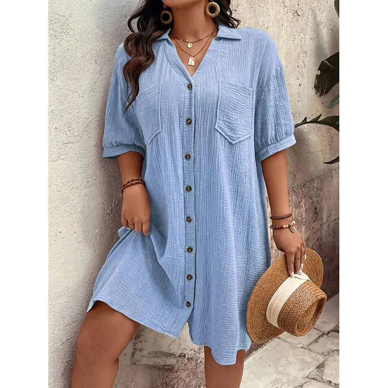 Womens Cotton Shirt Dress Summer Casual Short Sleeve Button Down V Neck Loose Mini Dress With Pockets