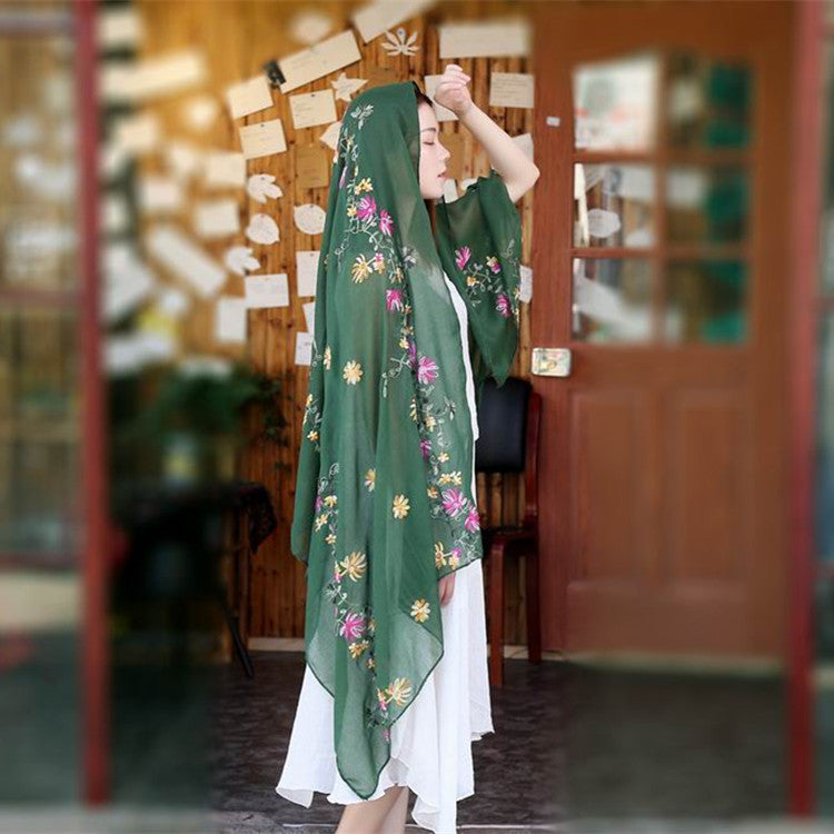 Embroidered Cotton And Linen Scarf Travel Sunscreen Ethnic Style Silk Scarf