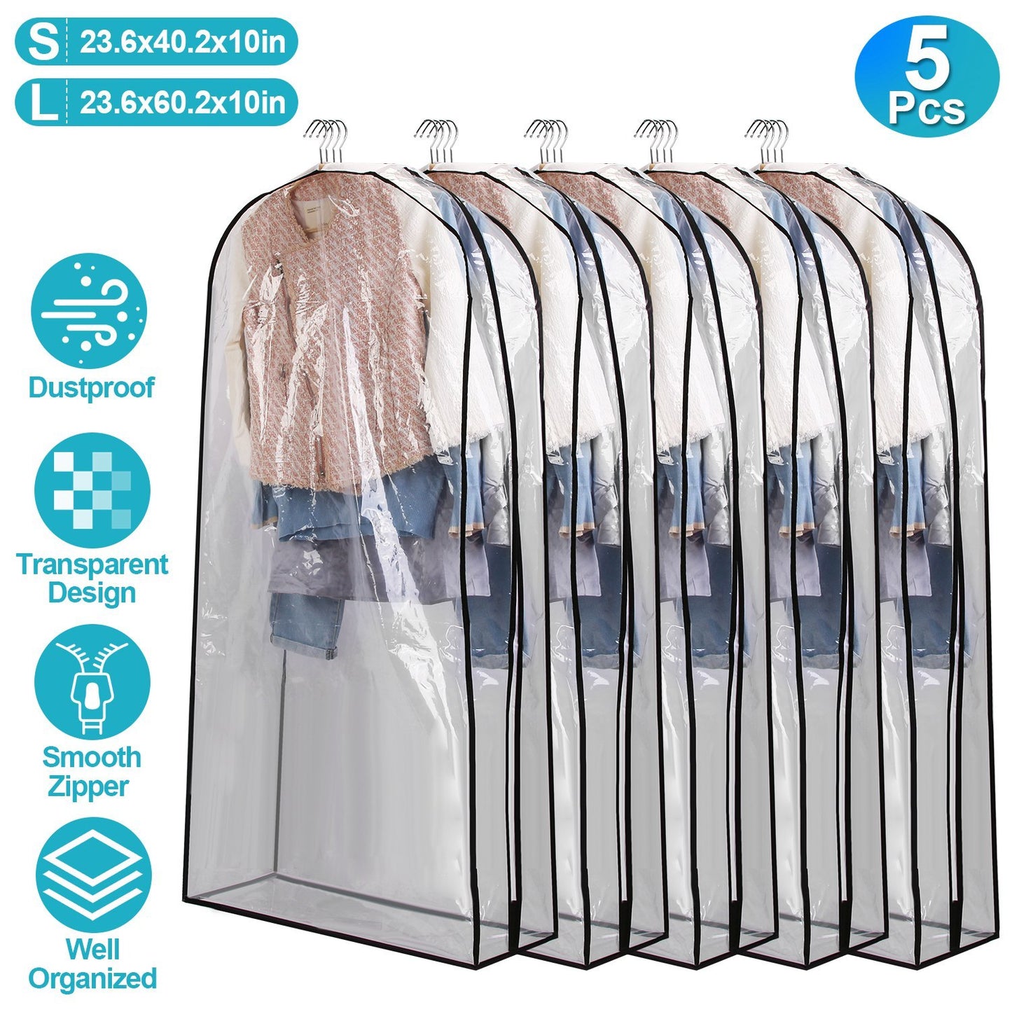 5 Pack 60In OR 40In Options Garment Bag For Hanging Clothes Dustproof Waterproof Hanging Clothes Storage Bag Clear Transparent Suits Cover For Sweater Jacket Coat Dress Shirt