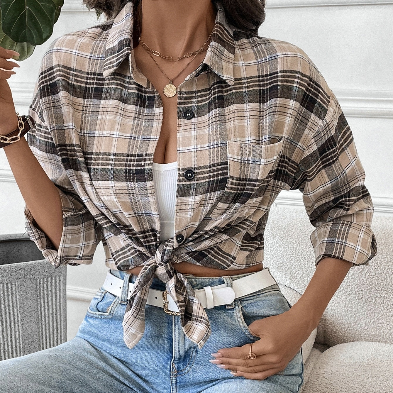 Ladies' Long Sleeved Casual Street Patchwork Pocket Versatile Button Checkered Shirt