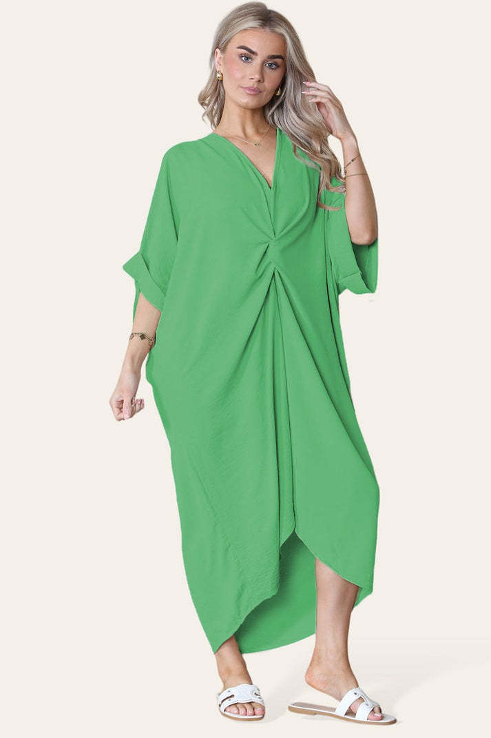 Womens V-Neck Tie Knotted Twisted Front Oversized Longline Midi Dress