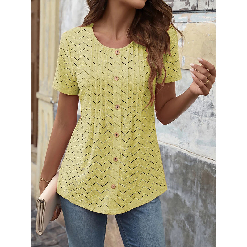 Women's Summer Pleated Button Short Sleeve T-Shirt Summer Crew Neck Solid Color Casual Top