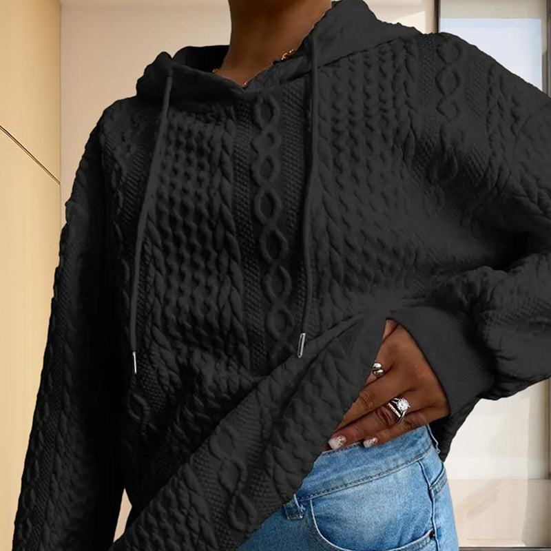 Women's Solid Color Ribbed Design Long Sleeve Hoodie - Loose Fit Drawstring Pullover For Fall & Winter Casual Wear