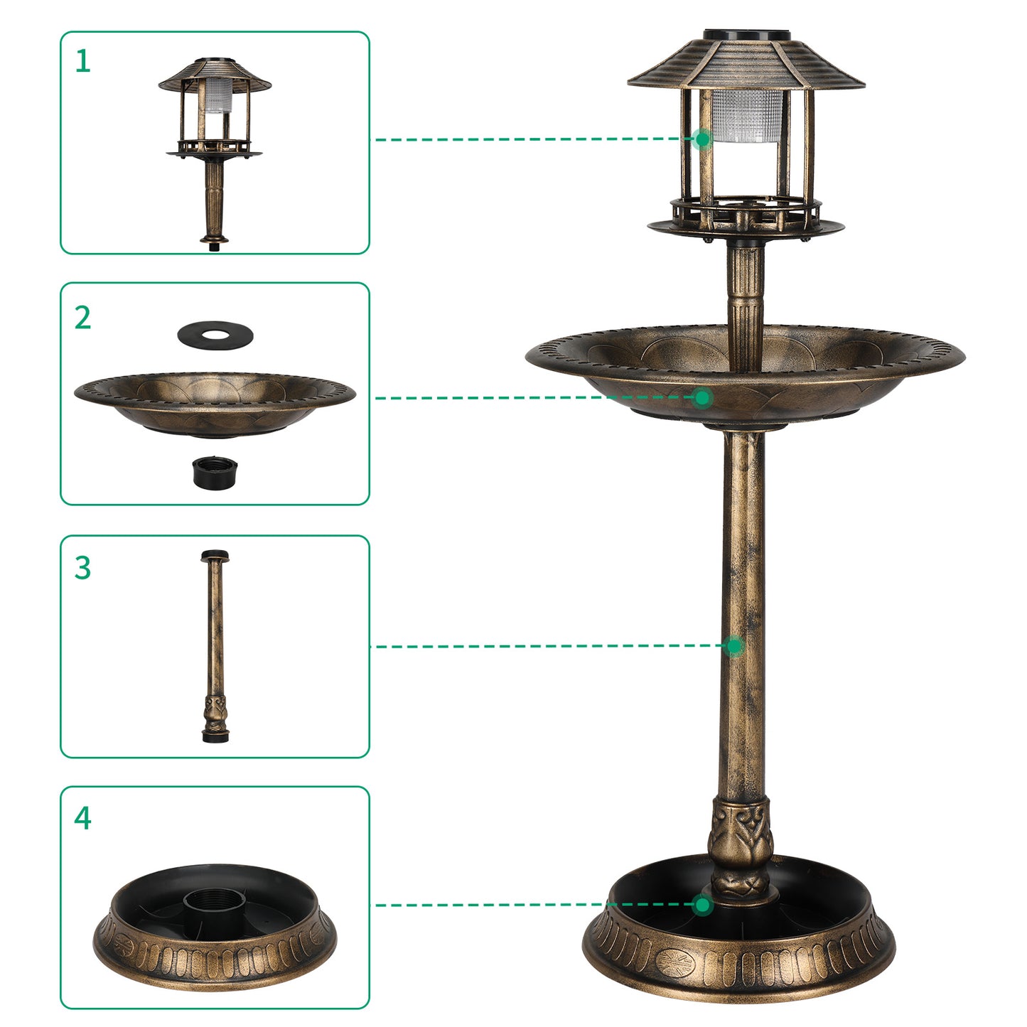 Bronze, With Solar Light, Bird Bath 51x51x106cm Plastic Round