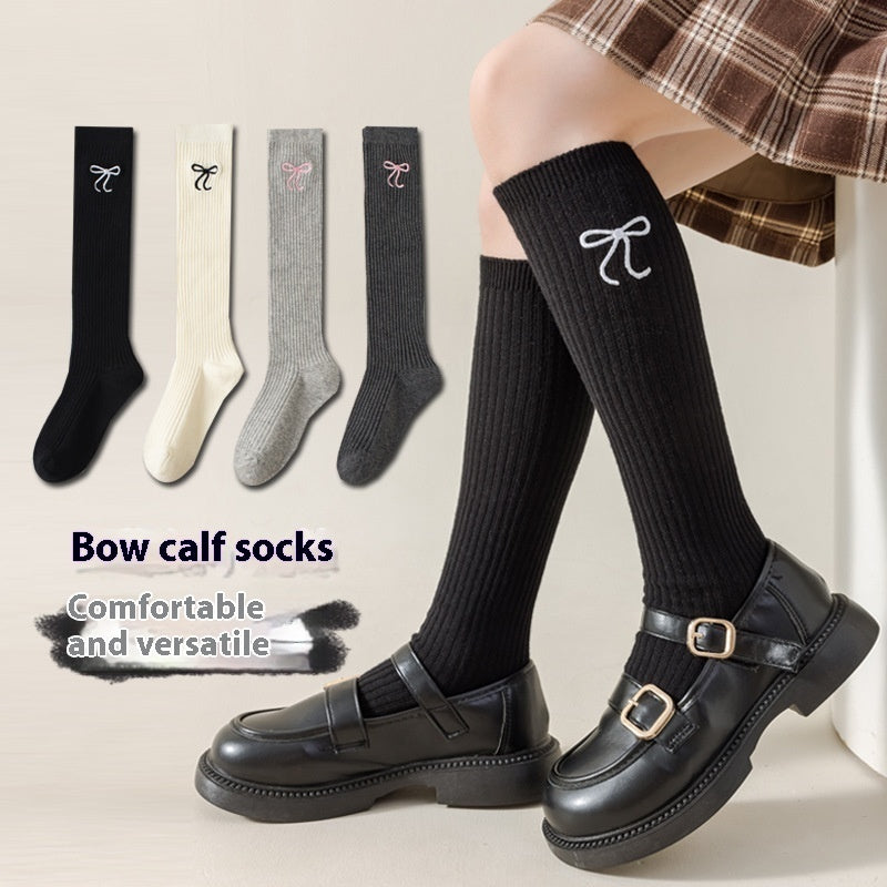 Bowknot Embroidery Stockings Preppy Style Calf Socks Children's High-top Cotton Socks