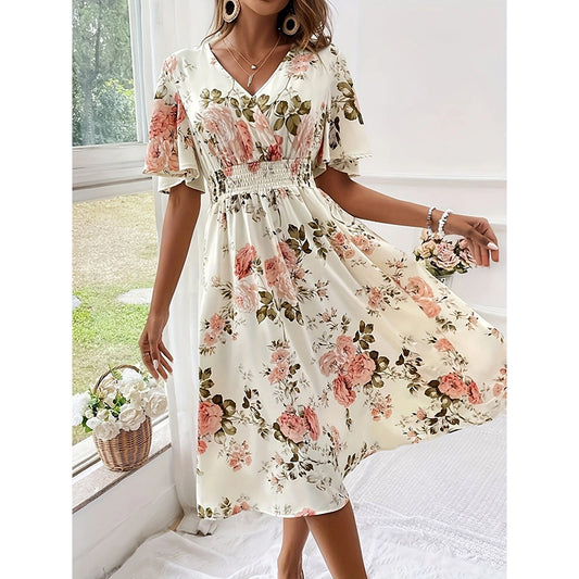 Women's Floral Boho Summer Midi Dress Ruffle Short Sleeve V Neck Empire Waist Flowy Dress