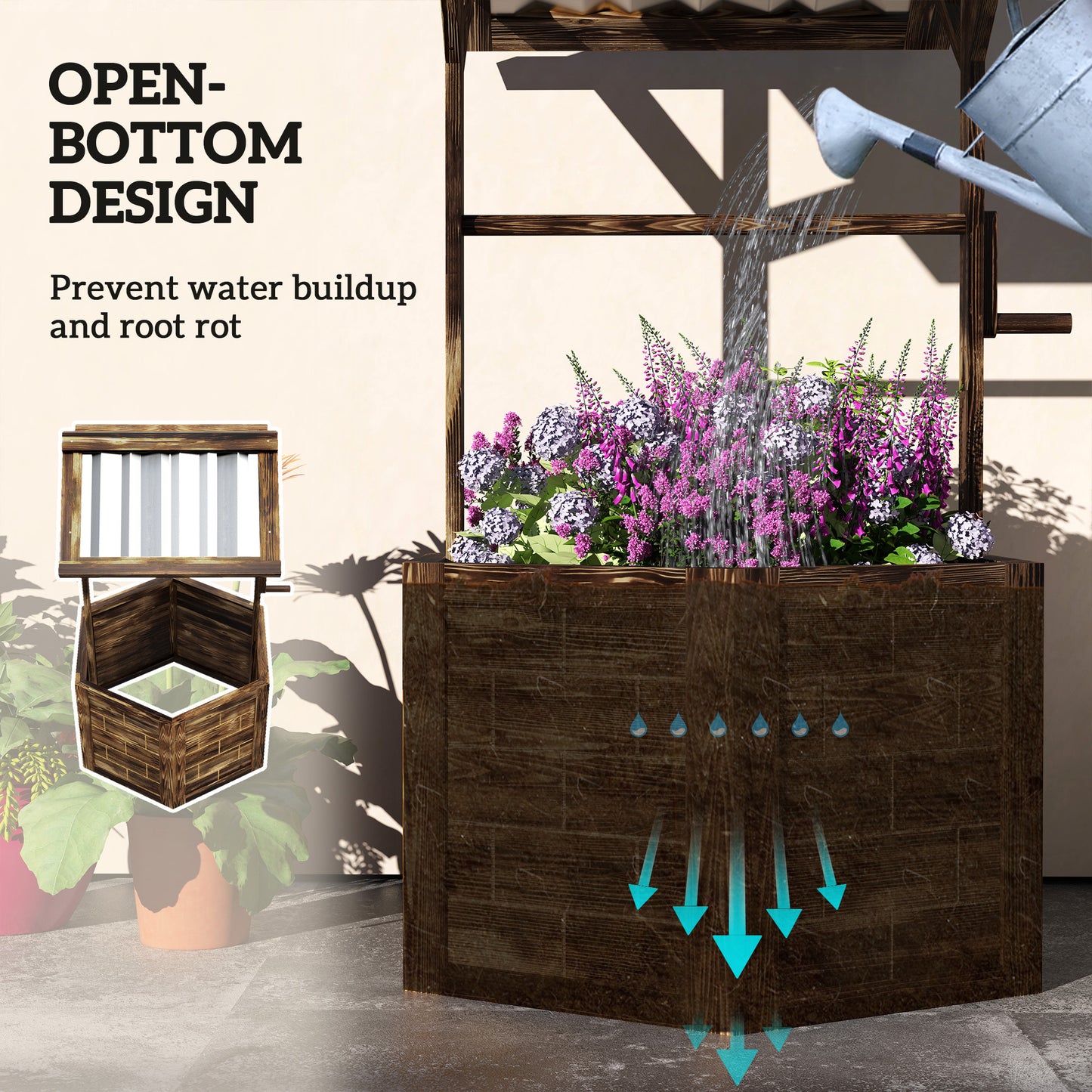 Wooden Wishing Well Planter, Raised Garden Bed With Galvanized Canopy-Tan