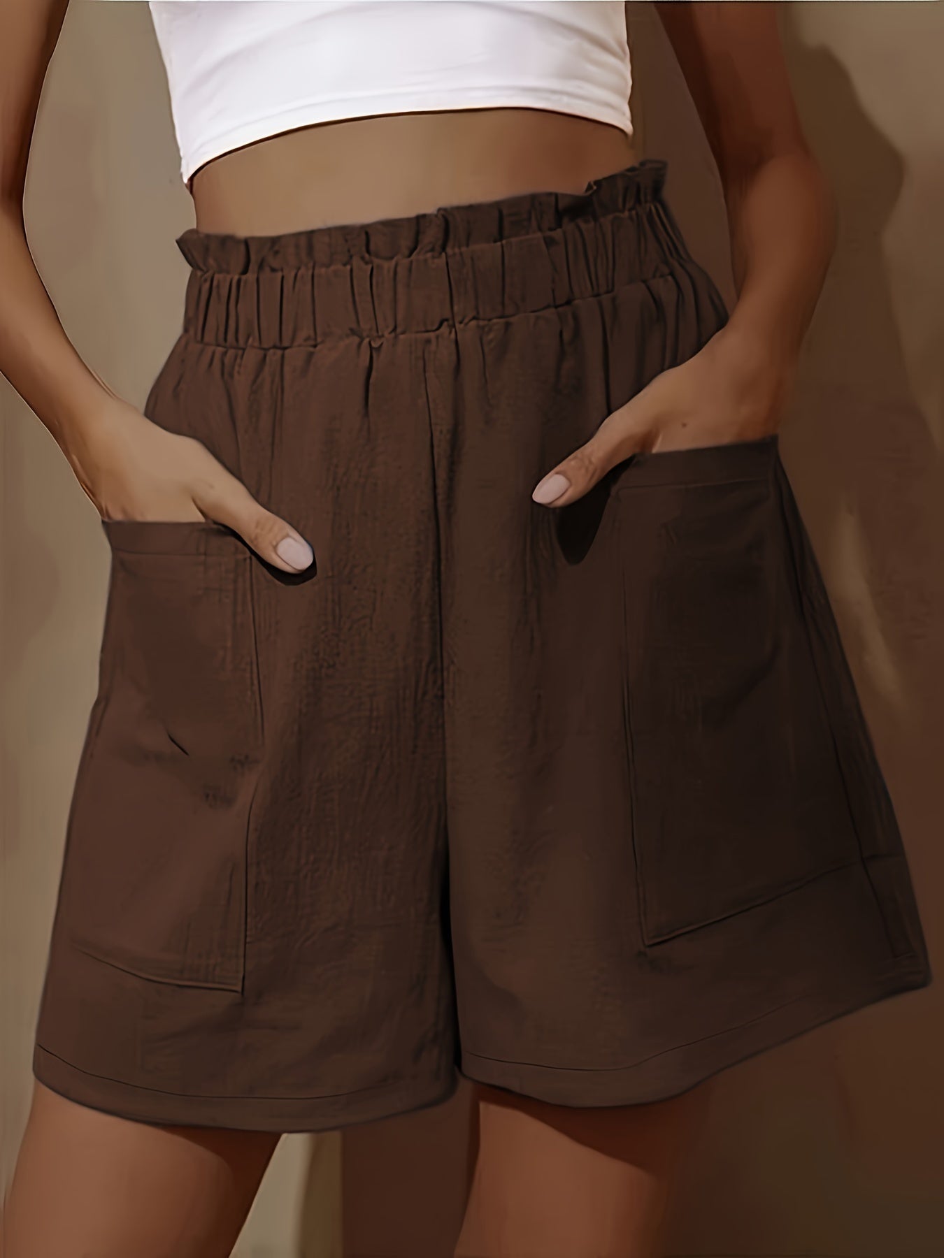 Plus Size Women's Loose Wide Leg Cotton Material Pocket Solid Elastic High Waist Shorts