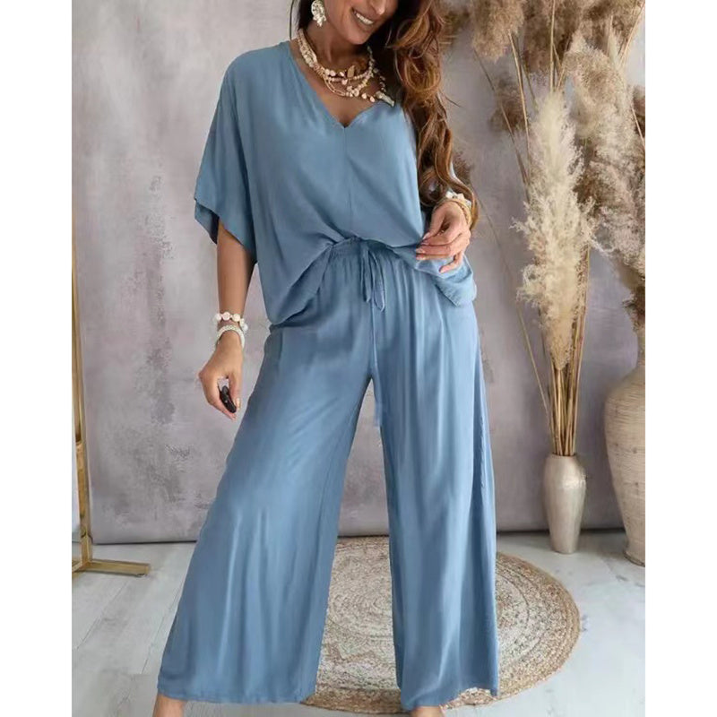 Women's 2 Piece Outfit, Casual Solid Color V-Neck Half Sleeve Top And Wide Leg Pants Lounge Set