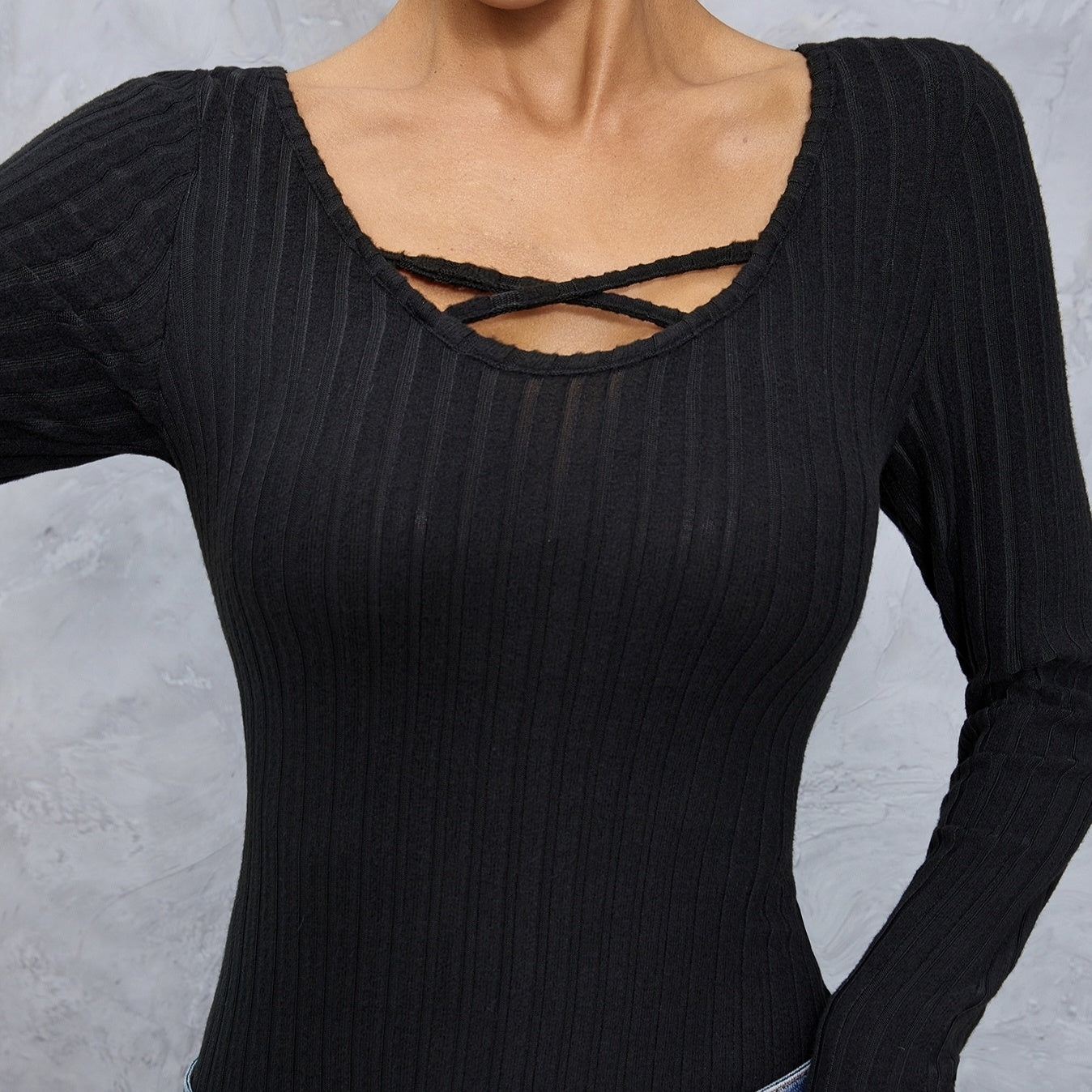 Ladies' Solid Color Collar Cross Design Slim Fit, Simple And Comfortable Elastic Long Sleeved T-shirt