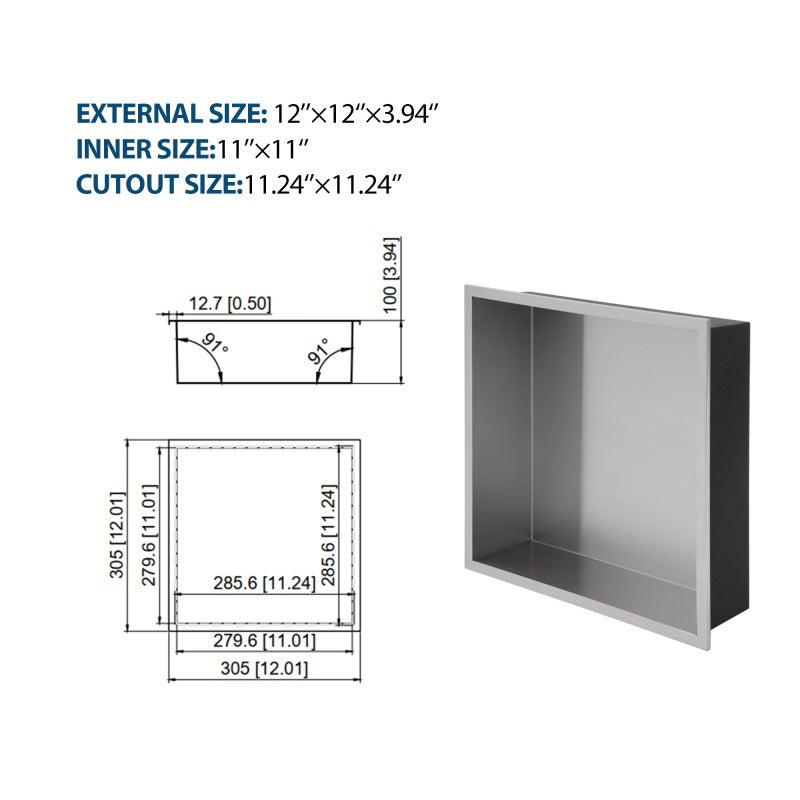 12 X 12 In Stainless Steel Shower Niche - Brushed Nickel, Waterproof, Easy Installation, Corrosion-Resistant