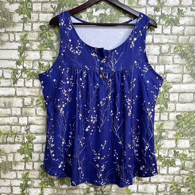 Women's Plus Size Sleeveless Button-Front Blouse With Ruffle Detail & Floral Print Casual Summer Top