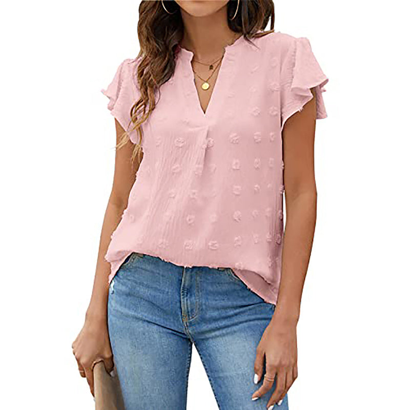 Women's Summer V Neck Ruffle Short Sleeve Blouse Business Office Casual Top Shirts