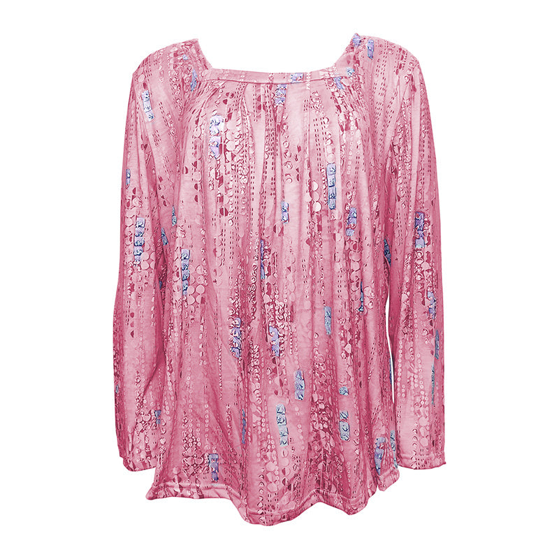 Plus Size Women's Floral Sequin Square Neck Long Sleeve T-Shirt - Printed Casual Spring&Summer Top