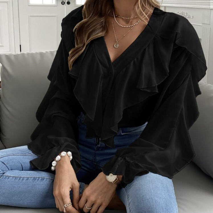 Women's Summer Top Long Sleeved Fashionable Floral Ruffle V-neck Shirt Button Casual T-shirt