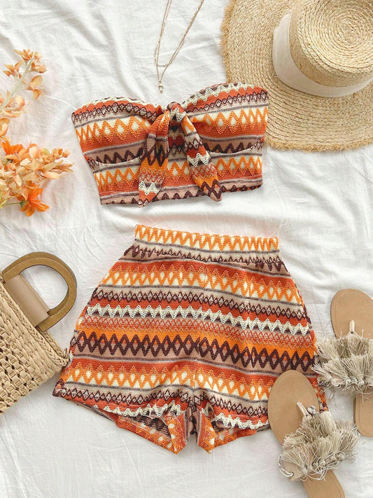 Women's Sexy 2pcs Set  Summer  Colorful Striped Elastic Suitable For Vacation And Daily Travel