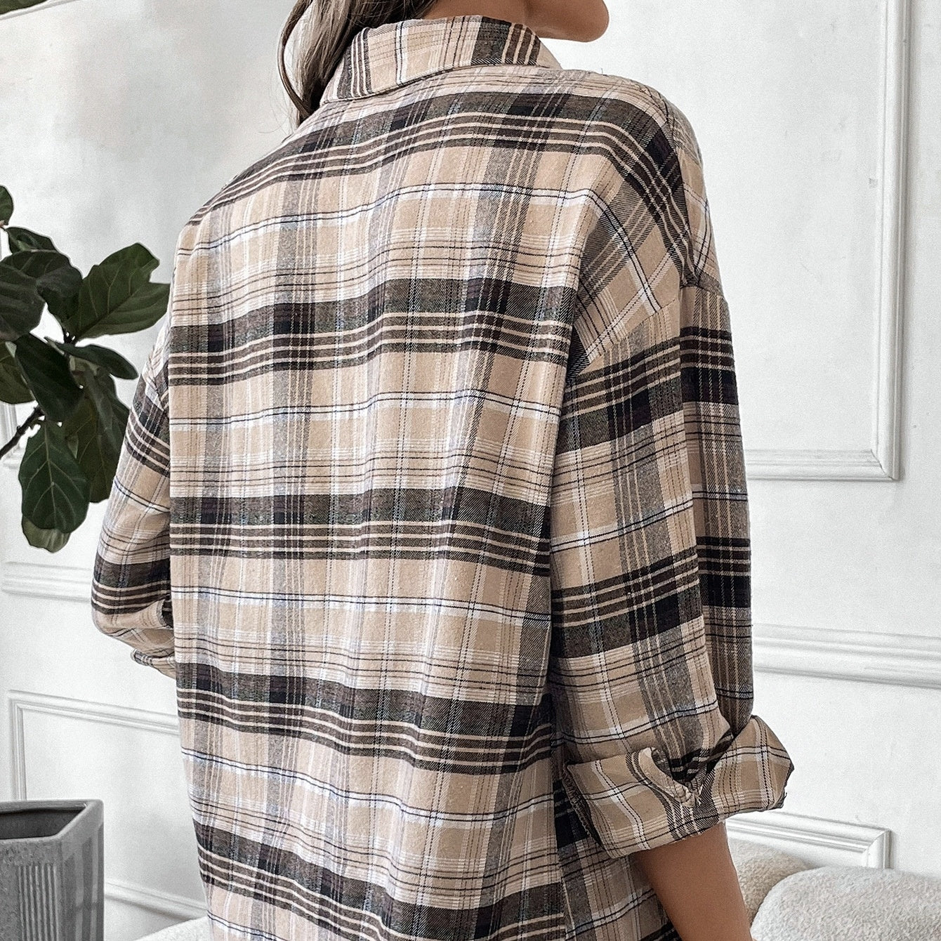Ladies' Long Sleeved Casual Street Patchwork Pocket Versatile Button Checkered Shirt