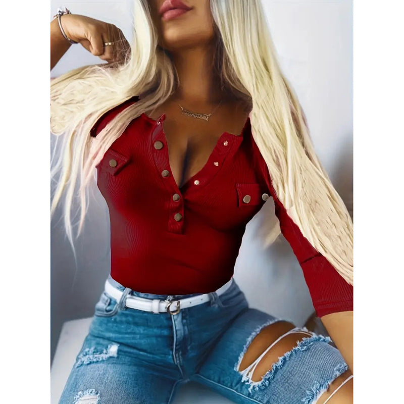 Womens Long Sleeves Ribbed Knit Tunic Shirts Scoop Neck Button-Up Tops Slim Fit Blouses