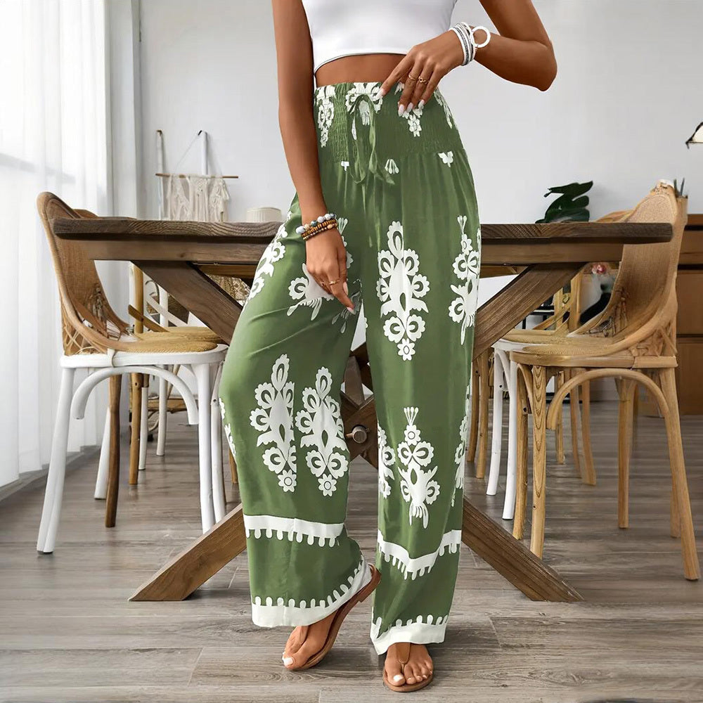 Elegant Women's High-Waisted Wide-Leg Pants With White Geometric Print Fashionable & Casual Summer Trousers