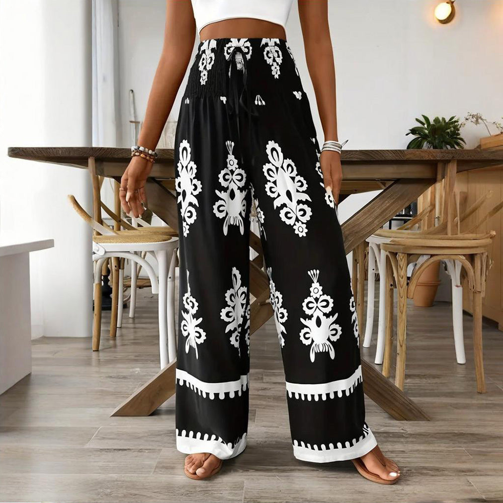 Elegant Women's High-Waisted Wide-Leg Pants With White Geometric Print Fashionable & Casual Summer Trousers