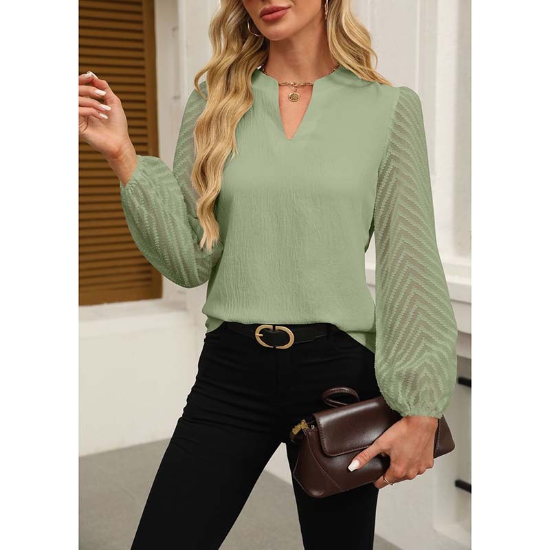 Womens Casual Lace Long Sleeve Chiffon Shirts Dressy Casual V Neck Blouses Business Work Tops