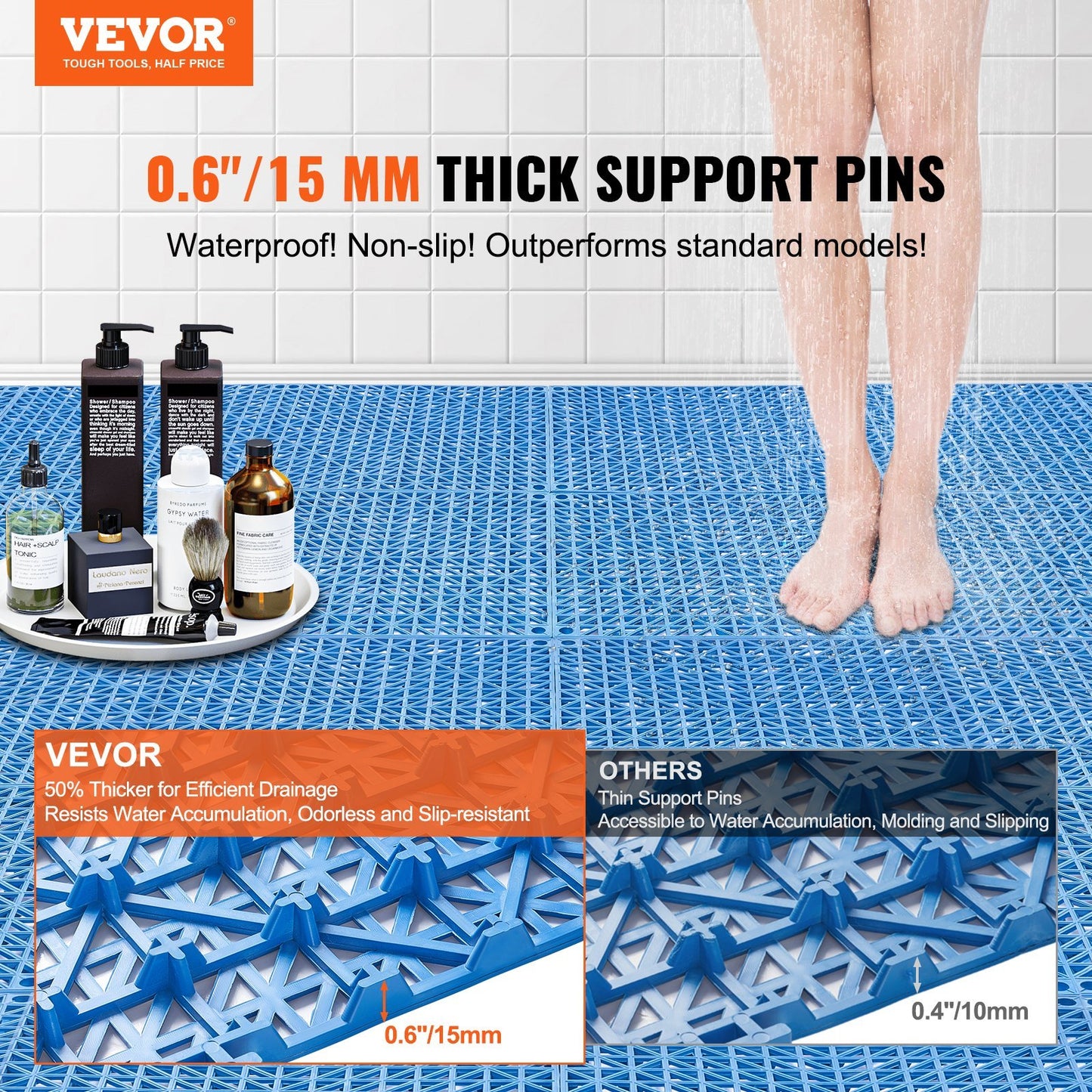 VEVOR Interlocking Tile 55PCS Blue, Drainage Tiles  Splicing, PVC Interlocking Drainage Floor Tiles, Non-Slip Drainage Holes For Restroom, Bathroom, Kitchen, Pool, Wet Areas, Blue