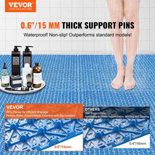 VEVOR Interlocking Tile 55PCS Blue, Drainage Tiles  Splicing, PVC Interlocking Drainage Floor Tiles, Non-Slip Drainage Holes For Restroom, Bathroom, Kitchen, Pool, Wet Areas, Blue