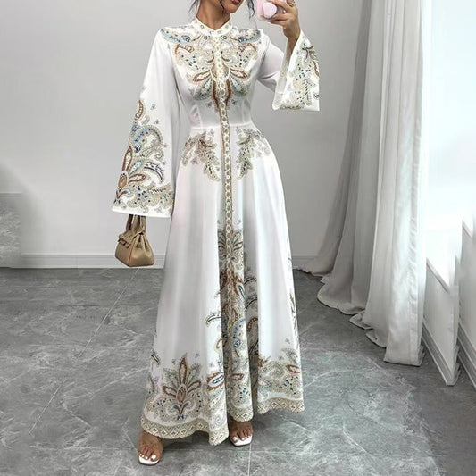 Elegant High-Neck Floral Maxi Dress - Long Flowy Sleeves, Modest A-Line Middle Eastern Style Gown Vacation & Party Dress For Women