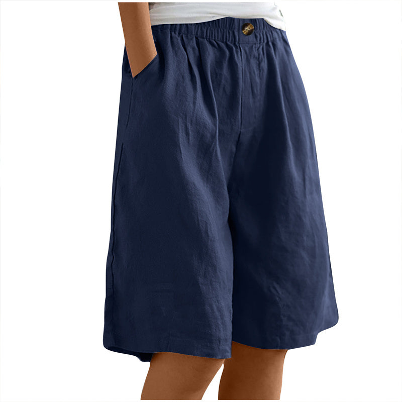 Women's Casual High Waist Loose Fit Solid Color Shorts - Button & Elastic Waist With Pockets, Comfortable Summer Shorts
