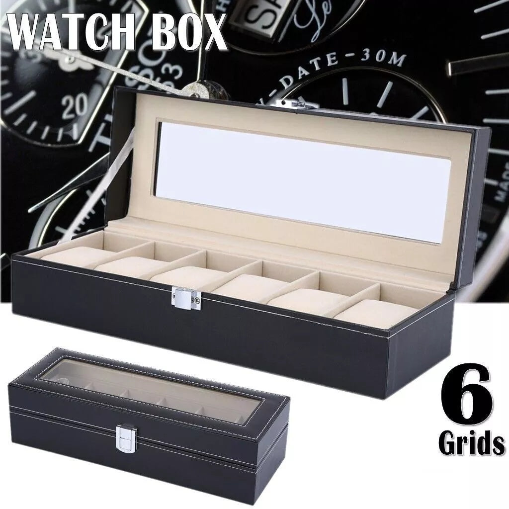 Watch Display Grid Box Lockable Case Faux Leather Jewellry Storage Organiser
