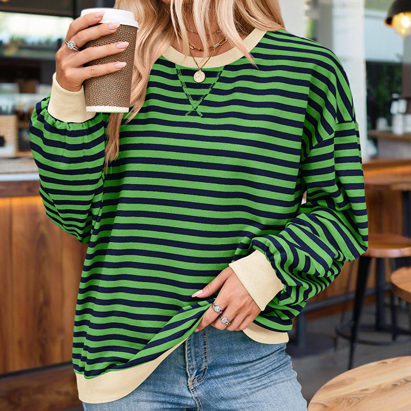 Women's Casual Crewneck Striped Long Sleeve Sweatshirt - Comfortable Loose Fit Ribbed Knit Top For Spring&Fall